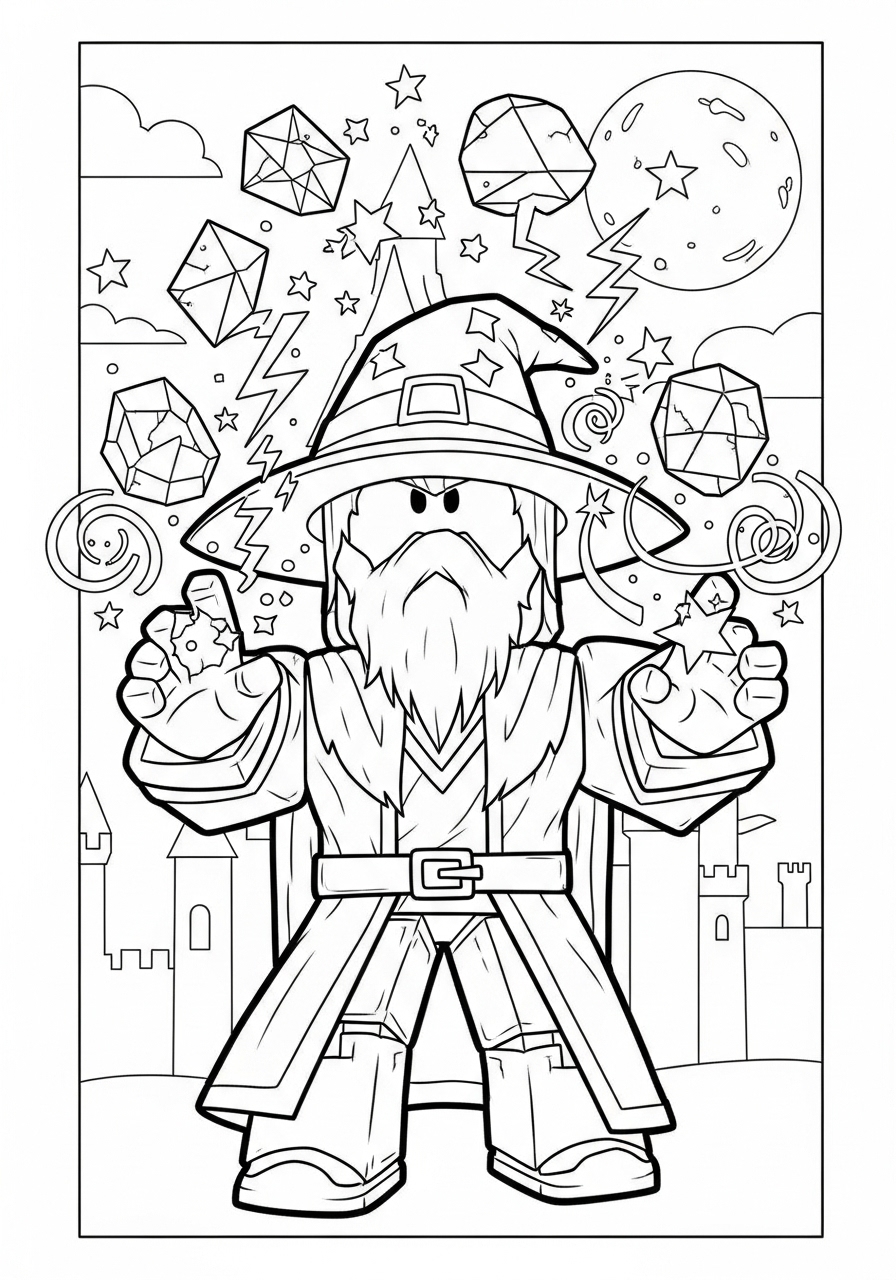 Desenho Roblox de um mago segurando cristais para colorir