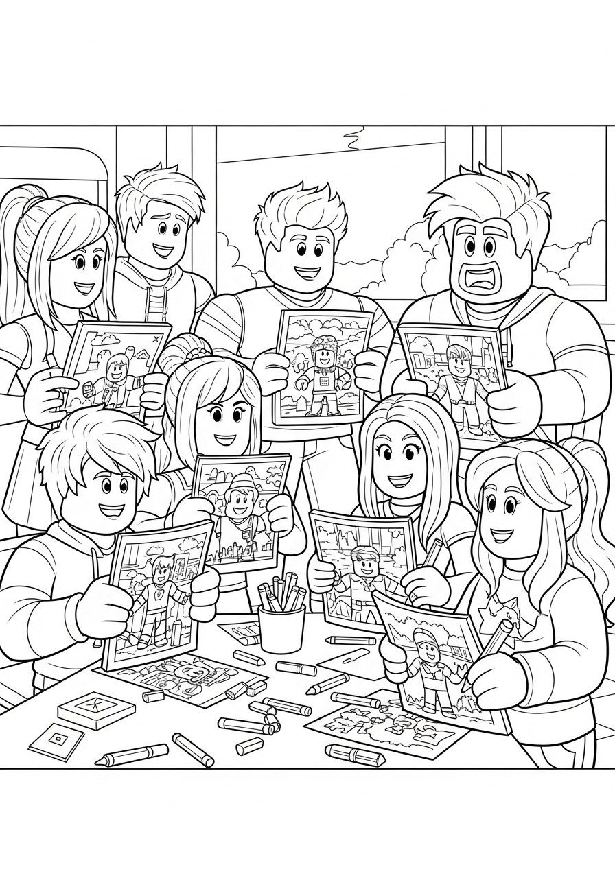 Desenho Roblox de crianças segurando desenhos para colorir