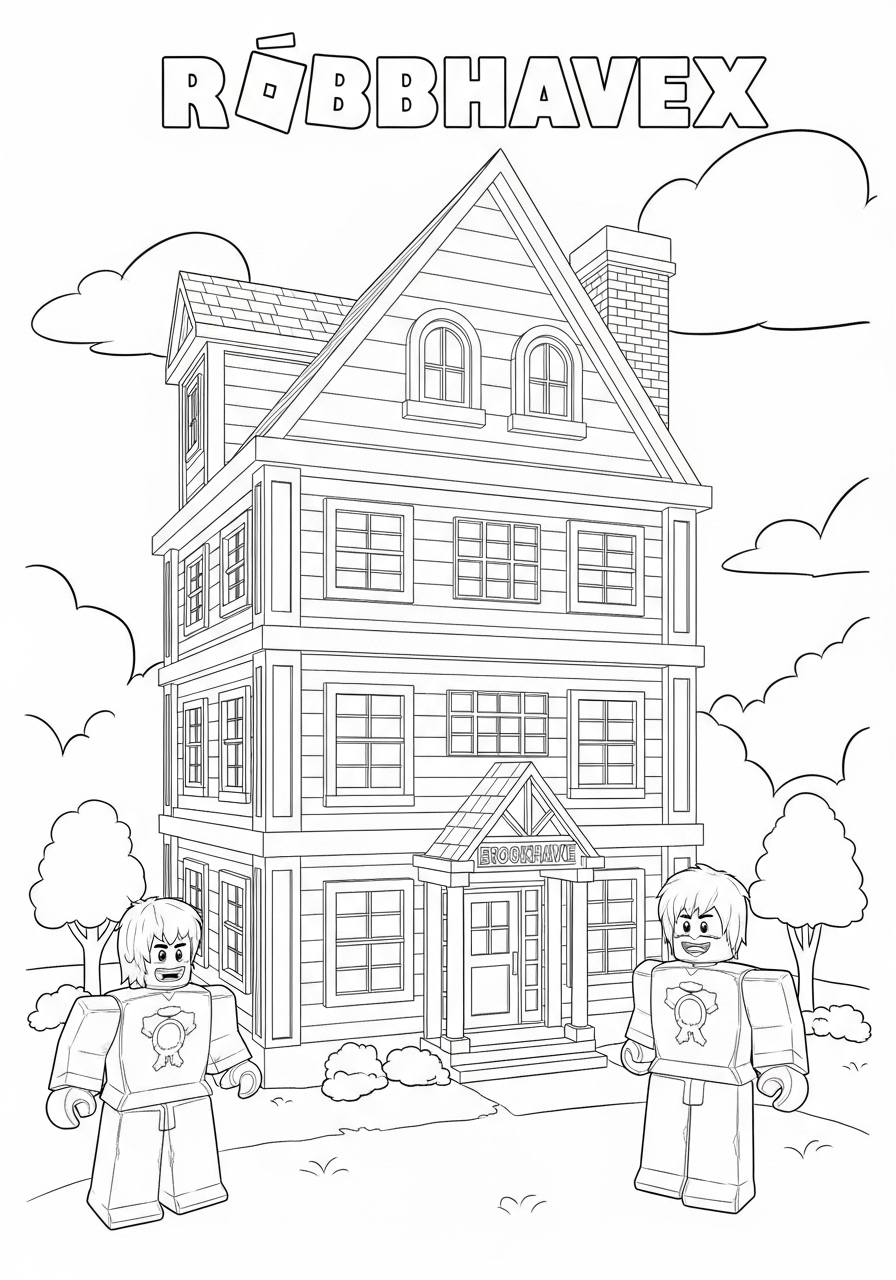 Desenho Roblox de personagens em frente a uma casa