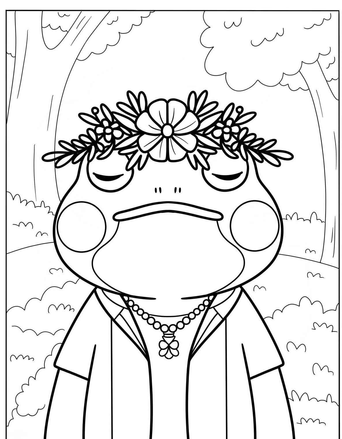 Desenho de Sapo com coroa de flores para colorir