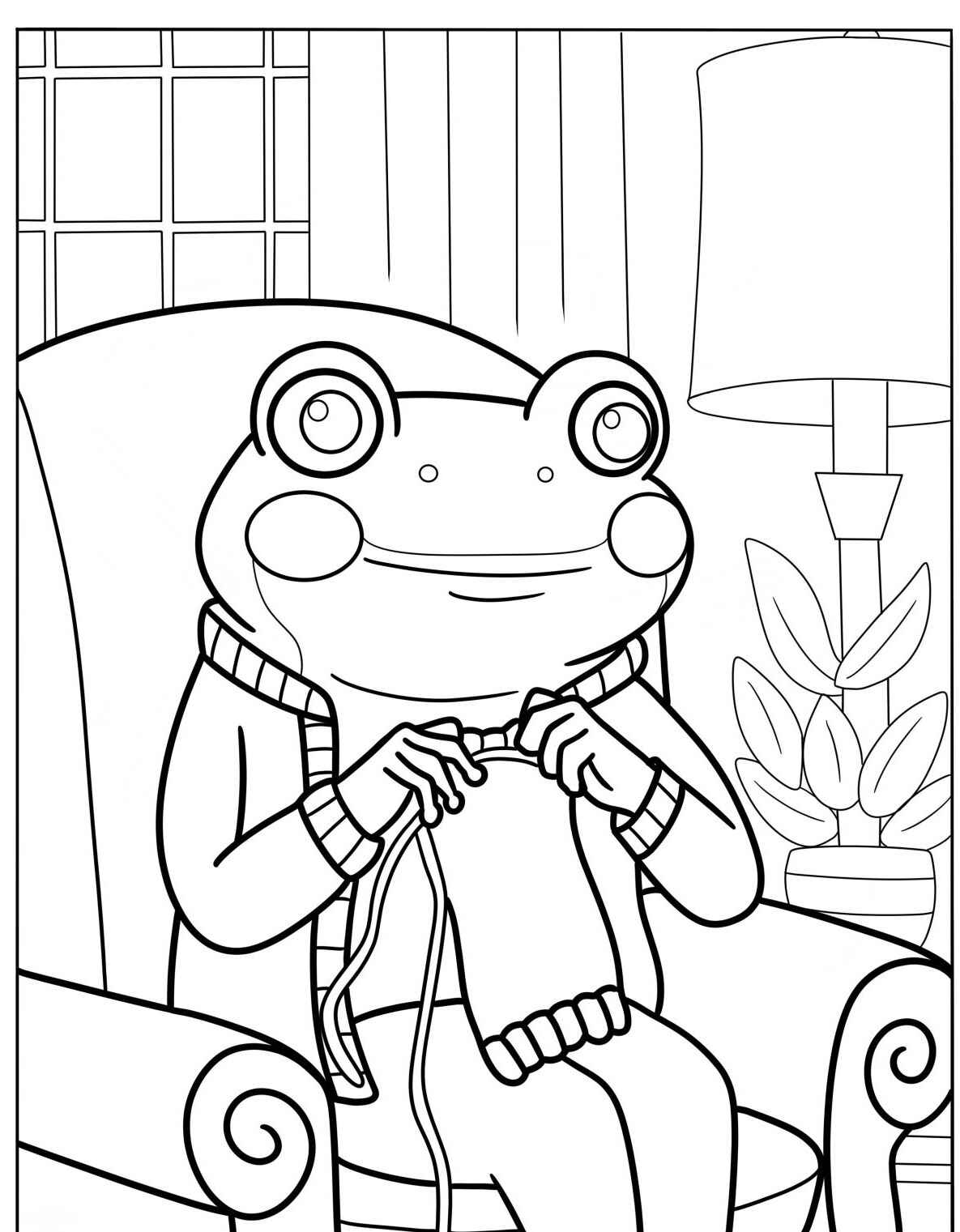 Desenho de Sapo tricotando na poltrona para colorir