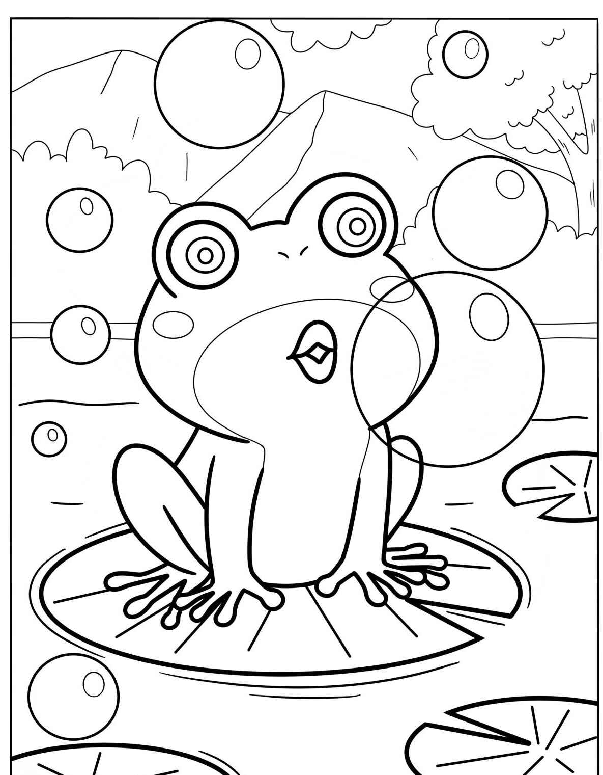 Desenho de Sapo realista com bolhas ao redor para colorir