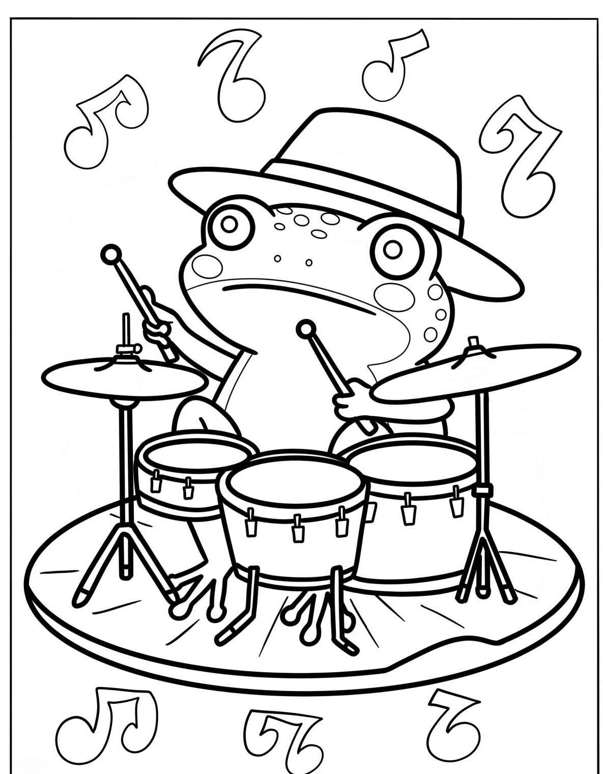Desenho de Sapo tocando bateria com chapéu para colorir