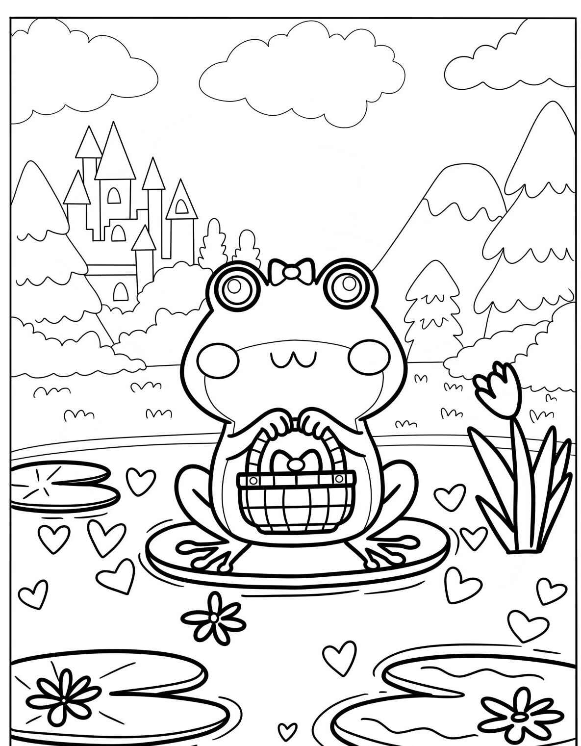 Desenho de Sapo fofo com cesta no lago para colorir