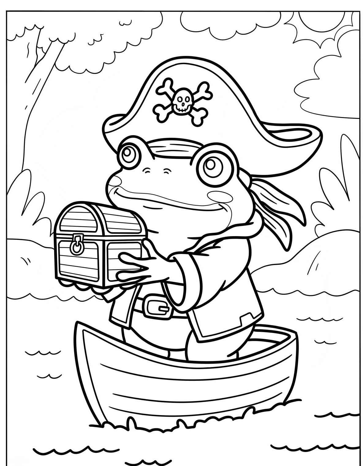 Desenho de Sapo pirata em um barco para colorir
