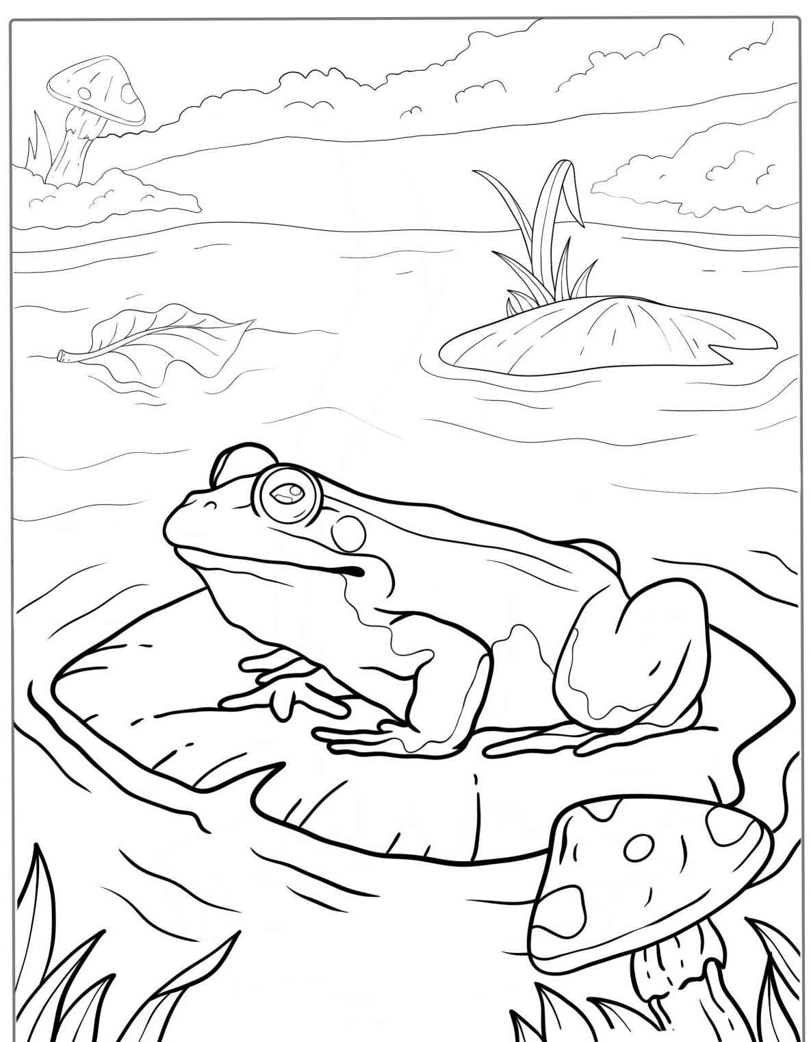 Desenho de Sapo realista em um lago para colorir