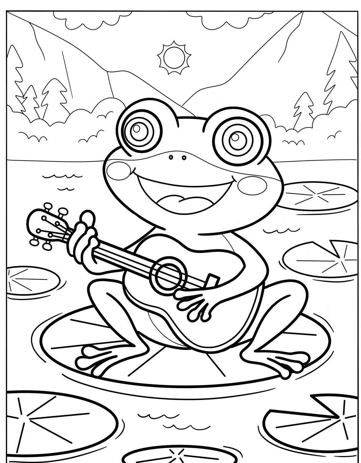 Desenho de Sapo tocando violão no lago para colorir