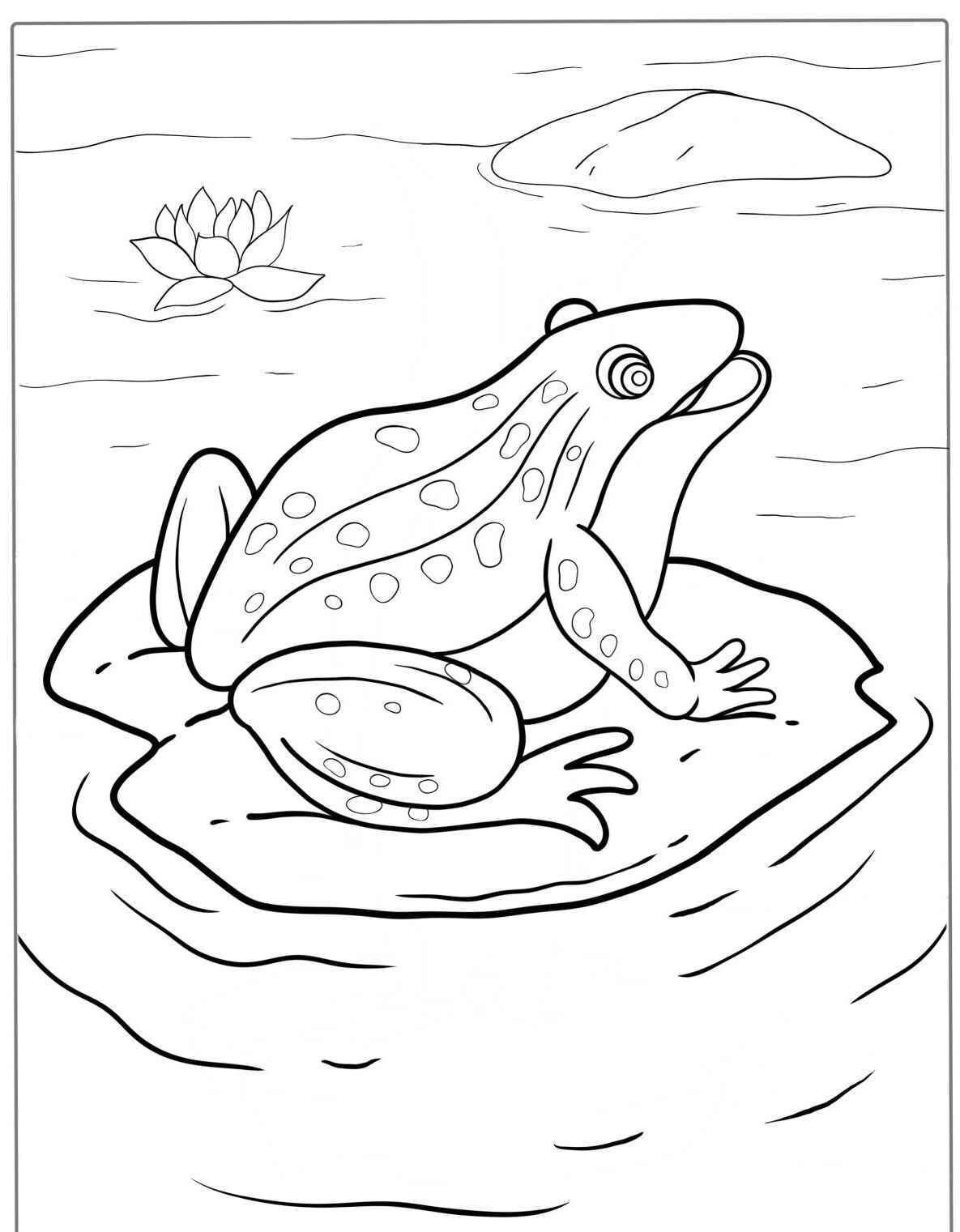 Desenho de Sapo em pedra com flor de lótus para colorir