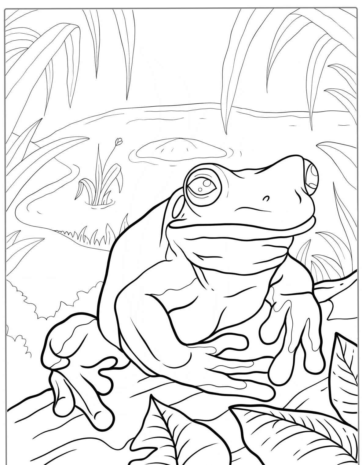 Desenho de Sapo realista com folhas para colorir