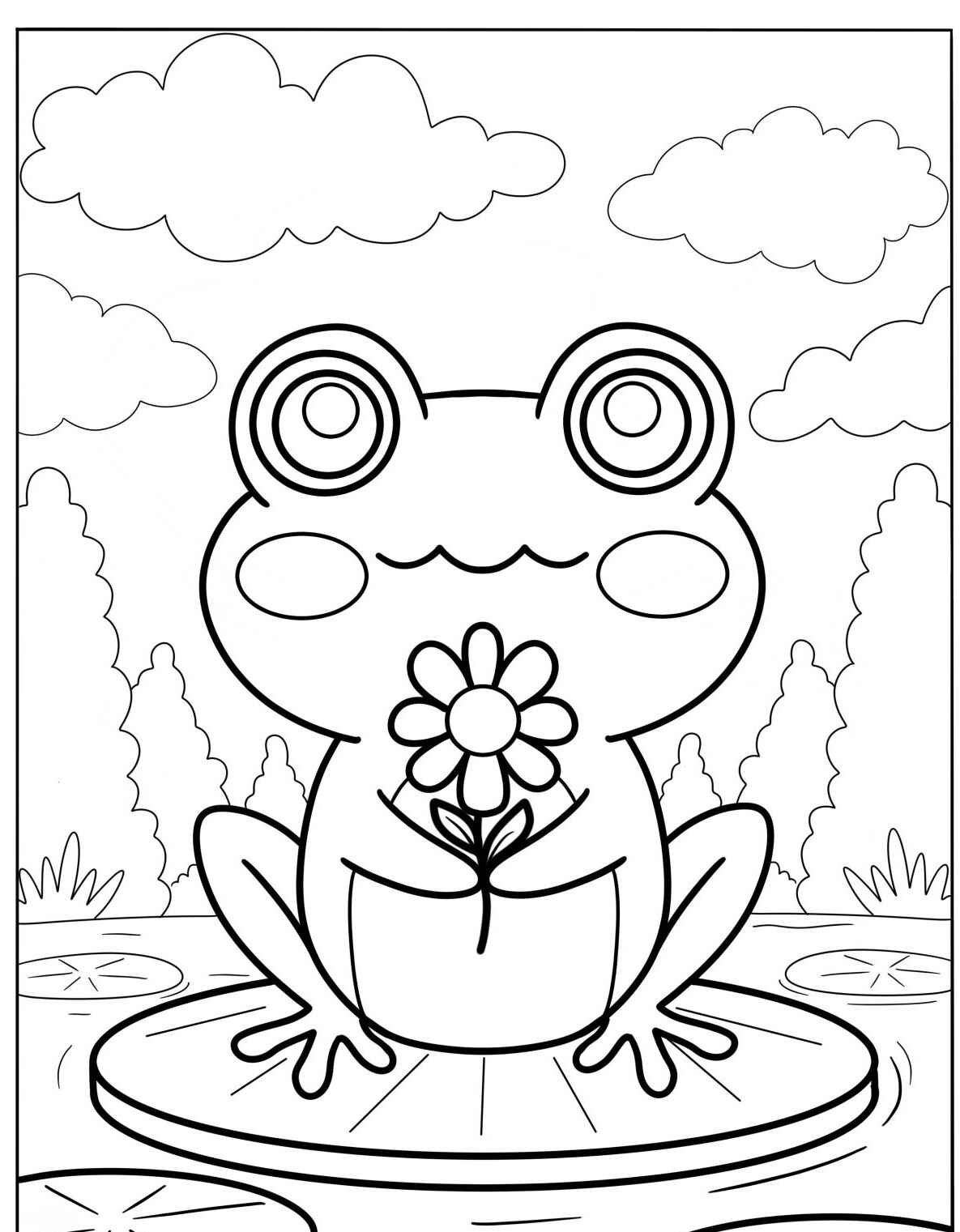 Desenho de Sapo fofo com flor sorrindo para colorir