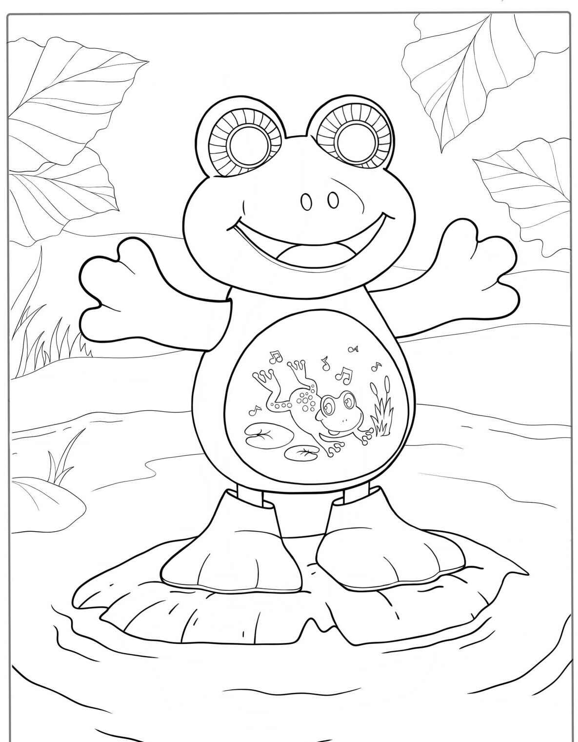 Desenho de Sapo fofo em uma folha para colorir