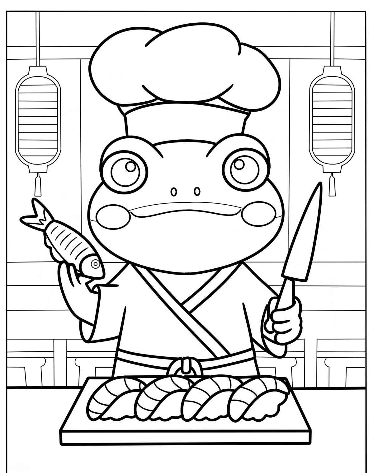 Desenho de Sapo chef preparando sushi para colorir