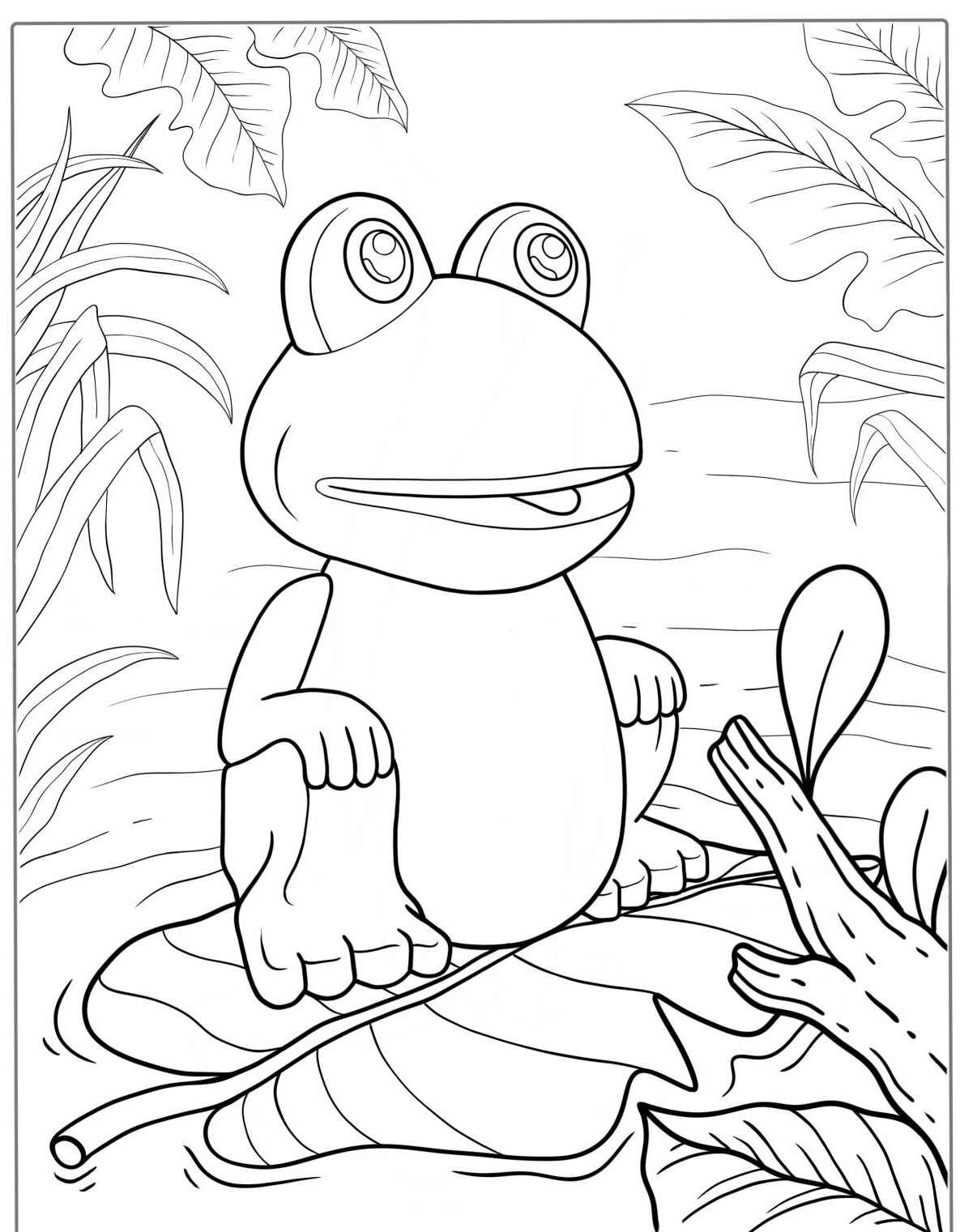 Desenho de Sapo sorrindo em folha para colorir