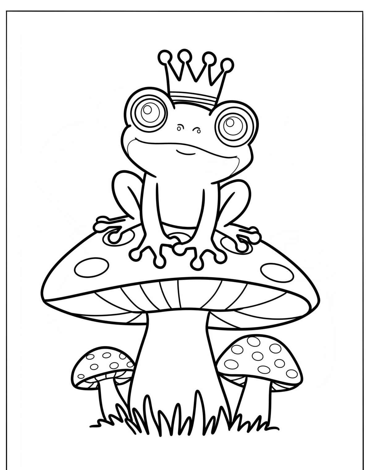 Desenho de sapo fofo com coroa em cogumelo para colorir