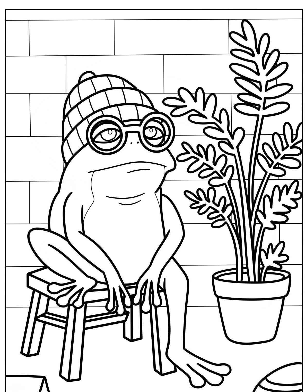 Desenho de Sapo com óculos e gorro para colorir