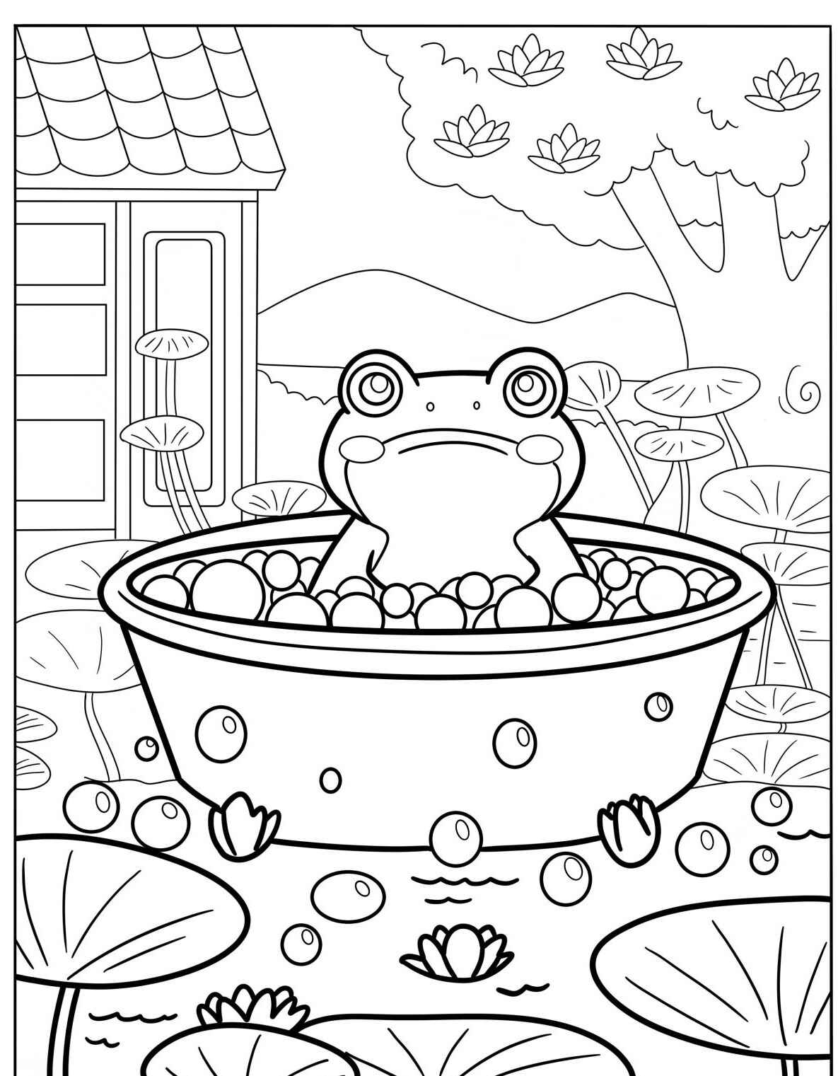 Desenho de sapo fofo em bacia para colorir