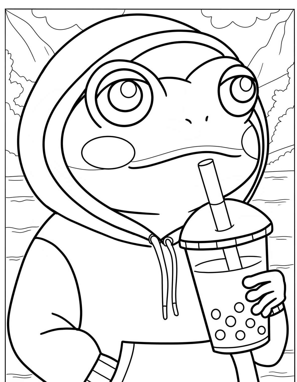 Desenho de Sapo fofo com bebida para colorir