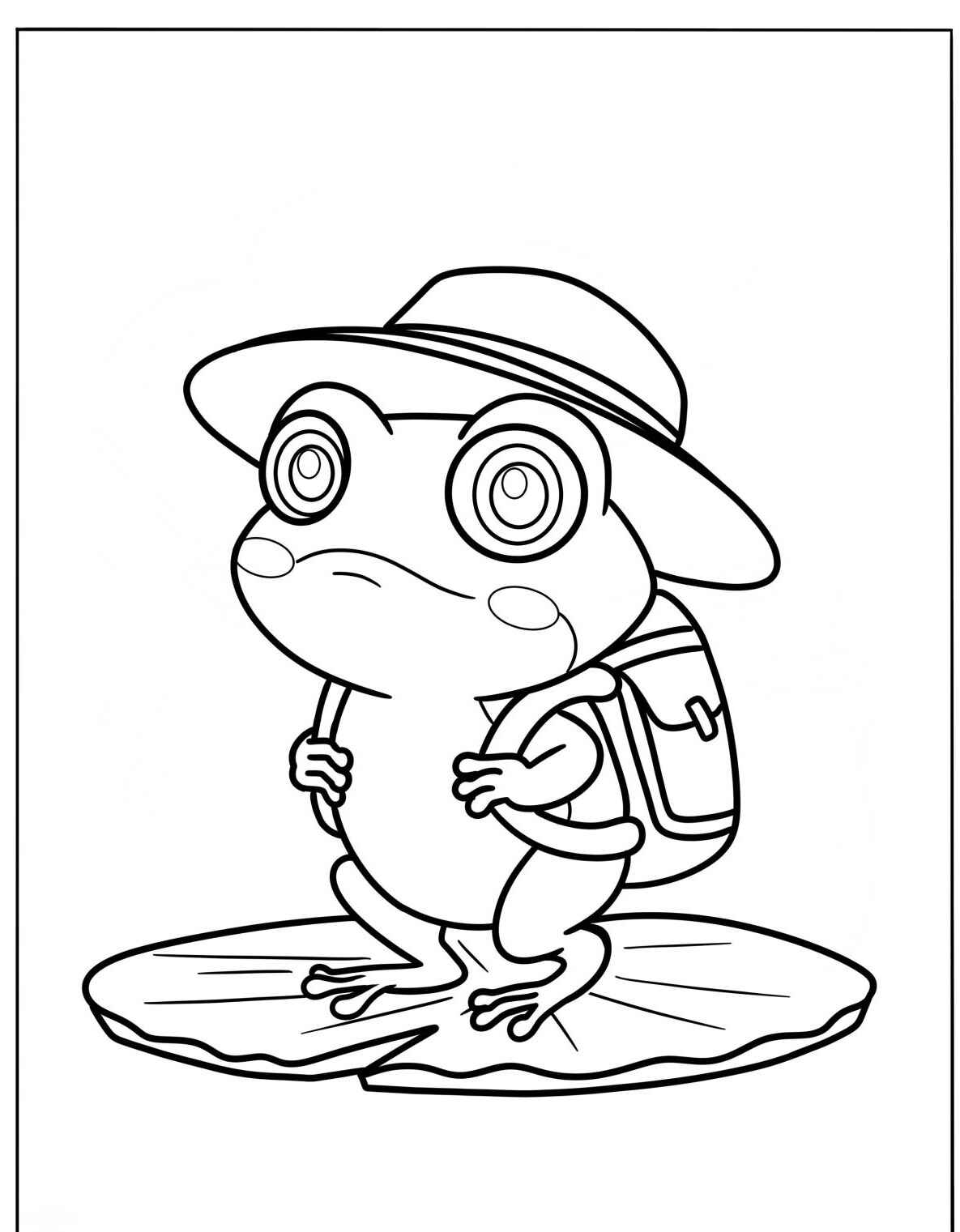 Desenho de Sapo com mochila em folha para colorir