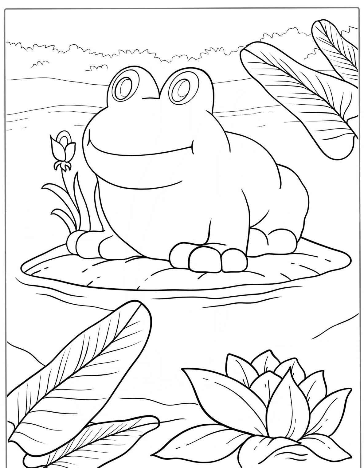 Desenho de Sapo sorridente em um lago para colorir