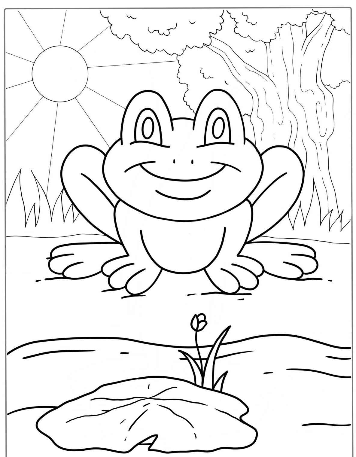 Desenho de Sapo sorrindo na floresta para colorir