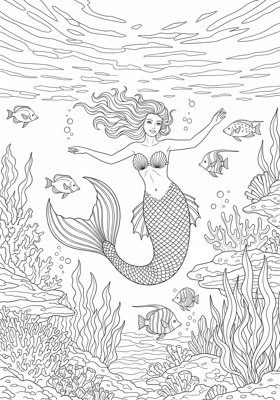 Desenho de Sereia nadando com peixes para colorir