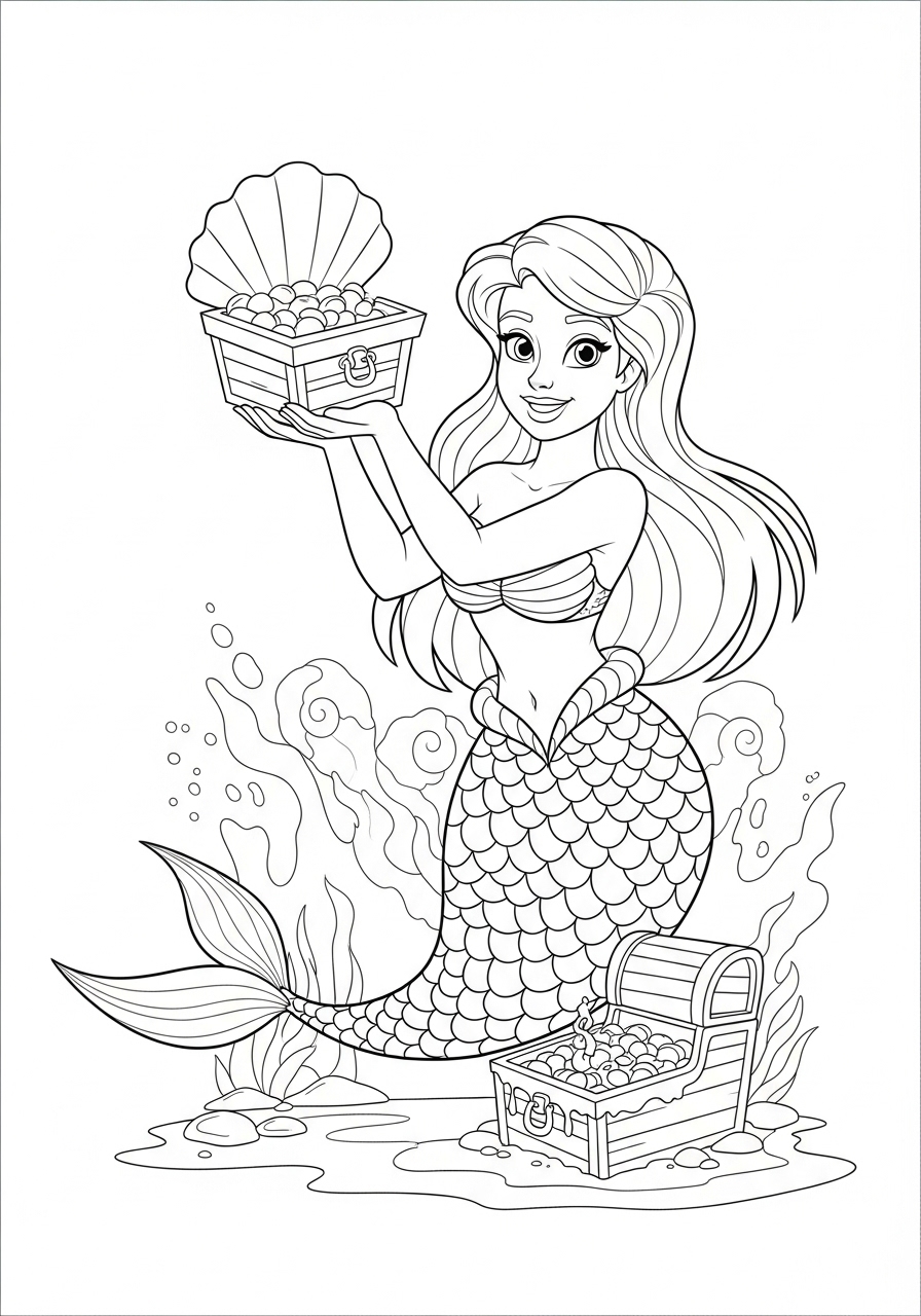 Desenho de Sereia com baú de tesouro para colorir