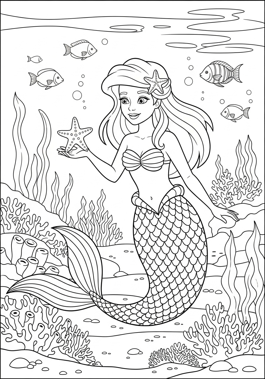 Desenho de Sereia com estrela do mar na mão para colorir