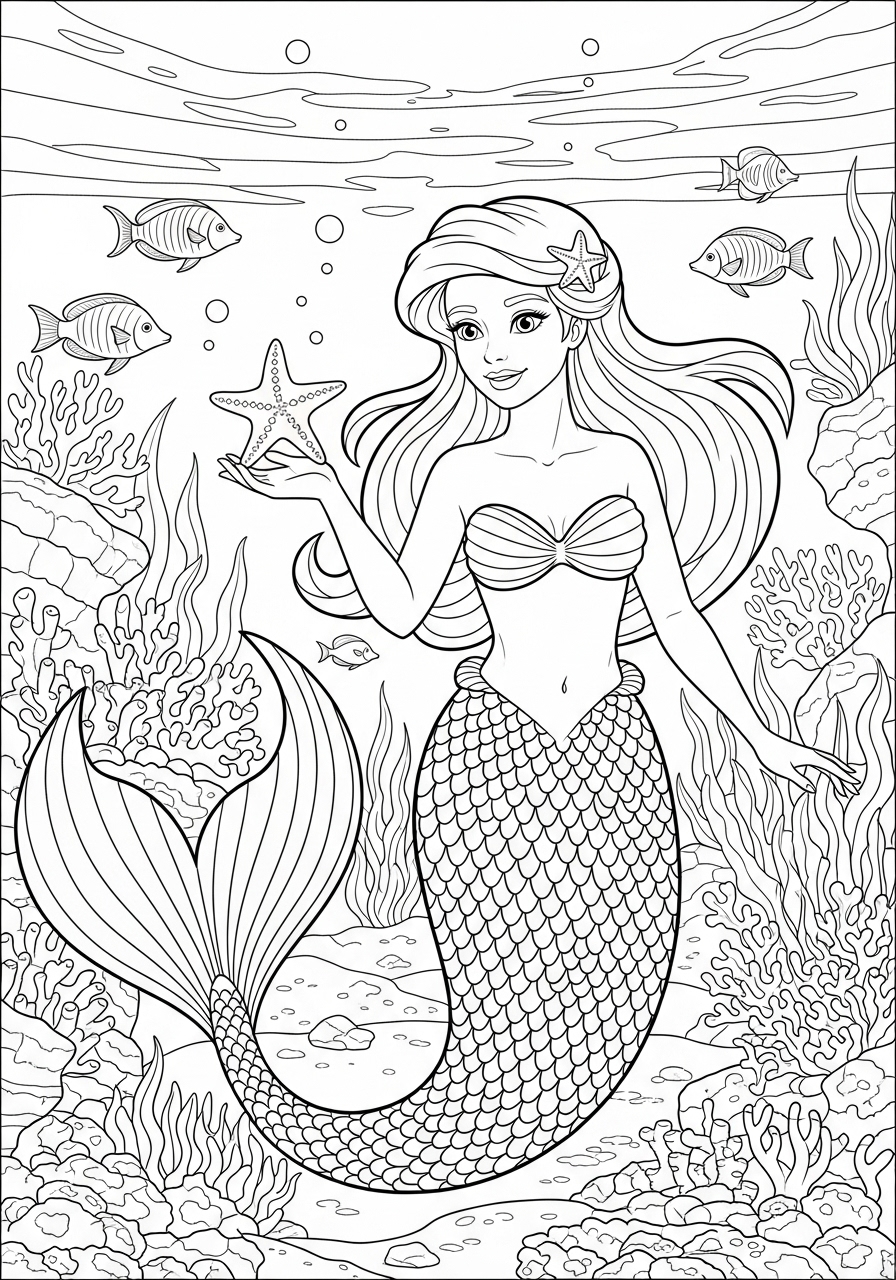 Desenho de Sereia com estrela do mar para colorir