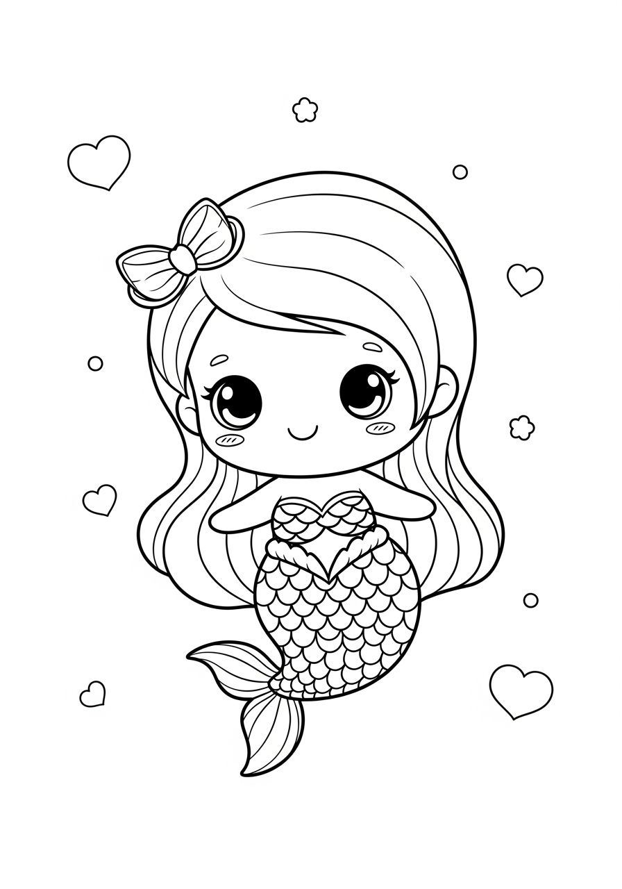 Desenho de Sereia fofa com laço para colorir