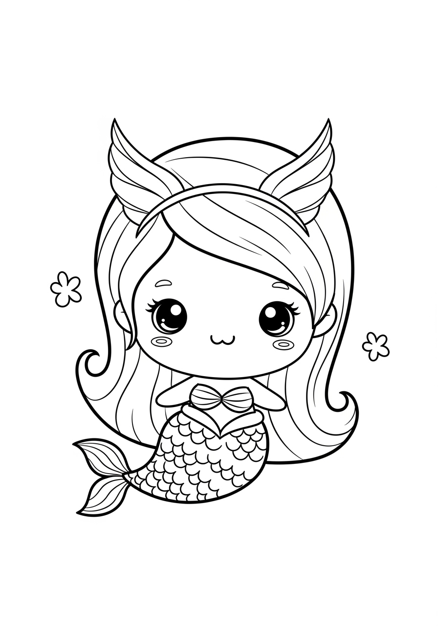 Desenho de Sereia fofa com flores para colorir