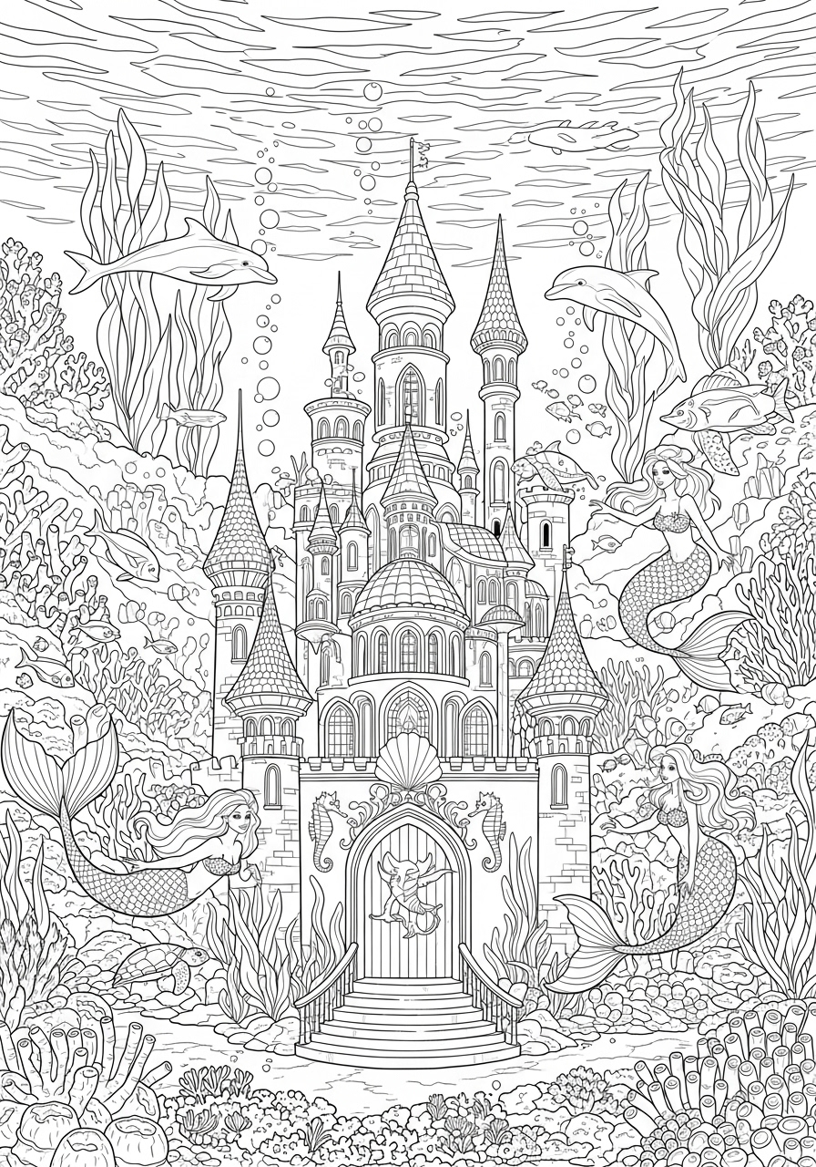 Desenho de castelo submarino com sereias para colorir