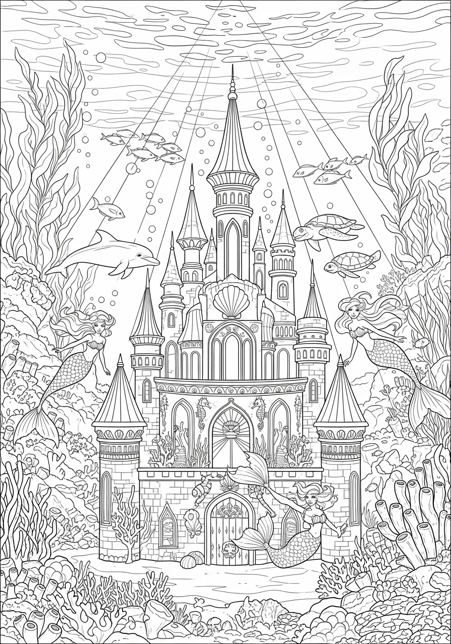 Desenho de castelo subaquático com sereias para colorir
