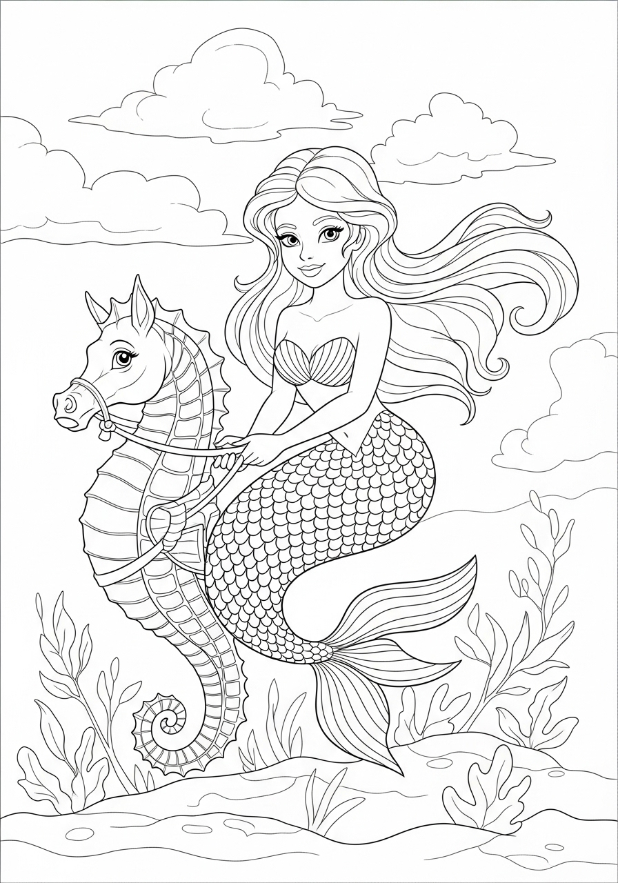 Desenho de Sereia montada em cavalo marinho para colorir