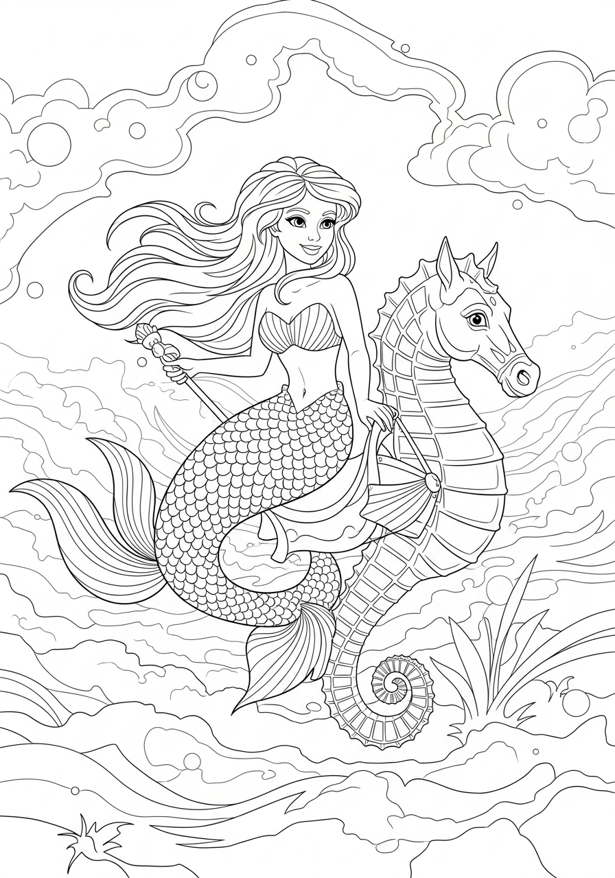 Desenho de Sereia cavalgando cavalo-marinho para colorir