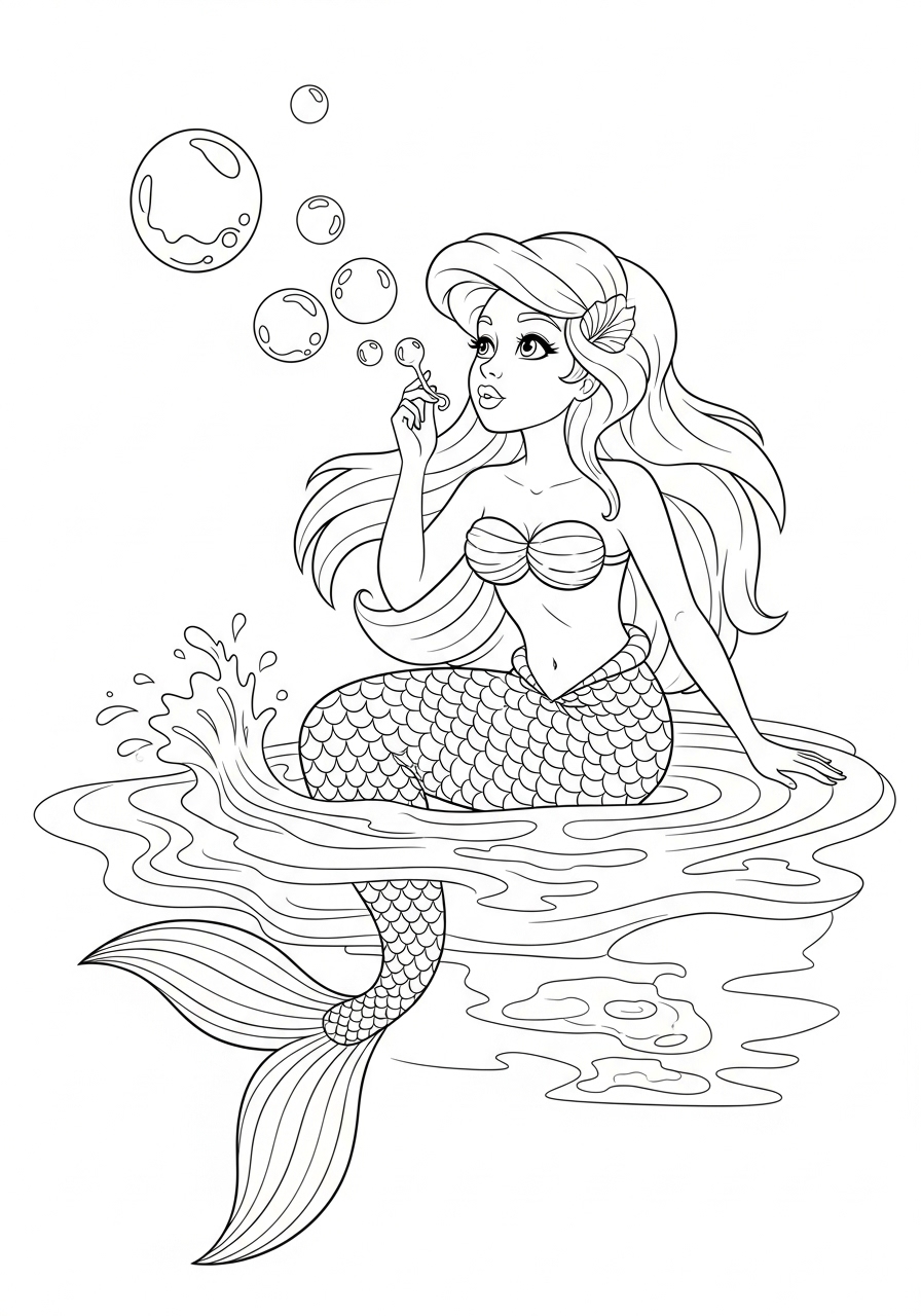 Desenho de Sereia soprando bolhas para colorir