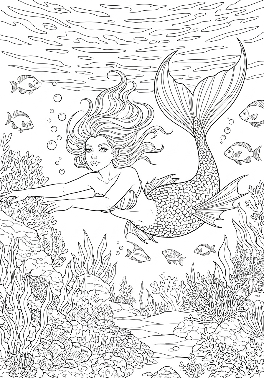 Desenho de Sereia nadando com peixes para colorir
