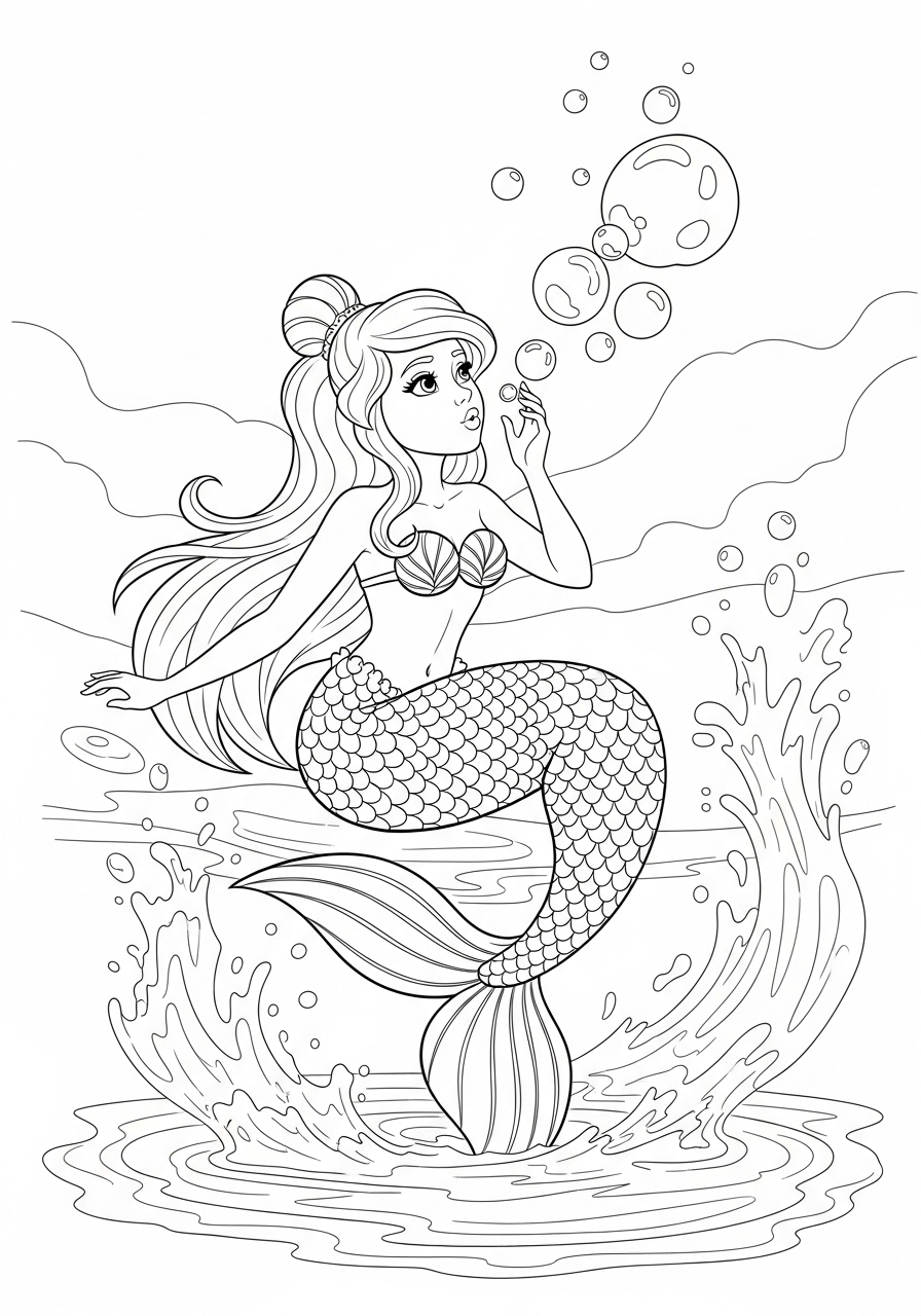Desenho de Sereia soprando bolhas para colorir