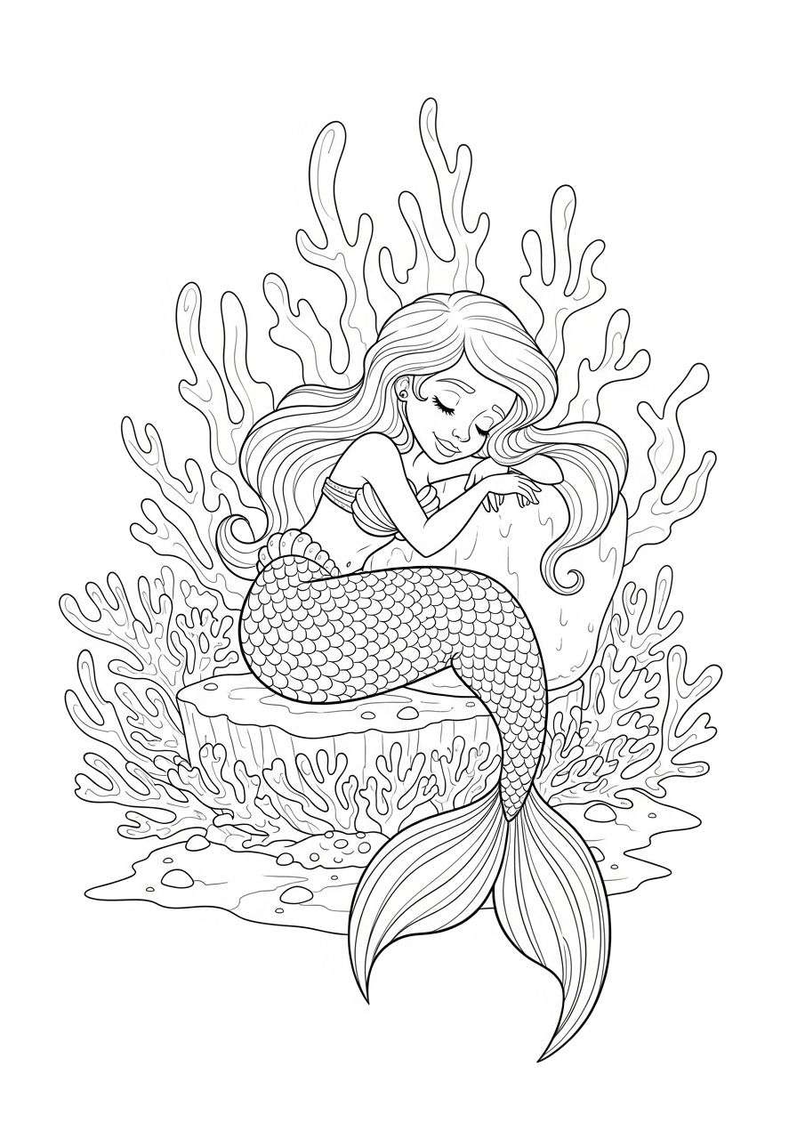 Desenho de Sereia sentada em corais para colorir