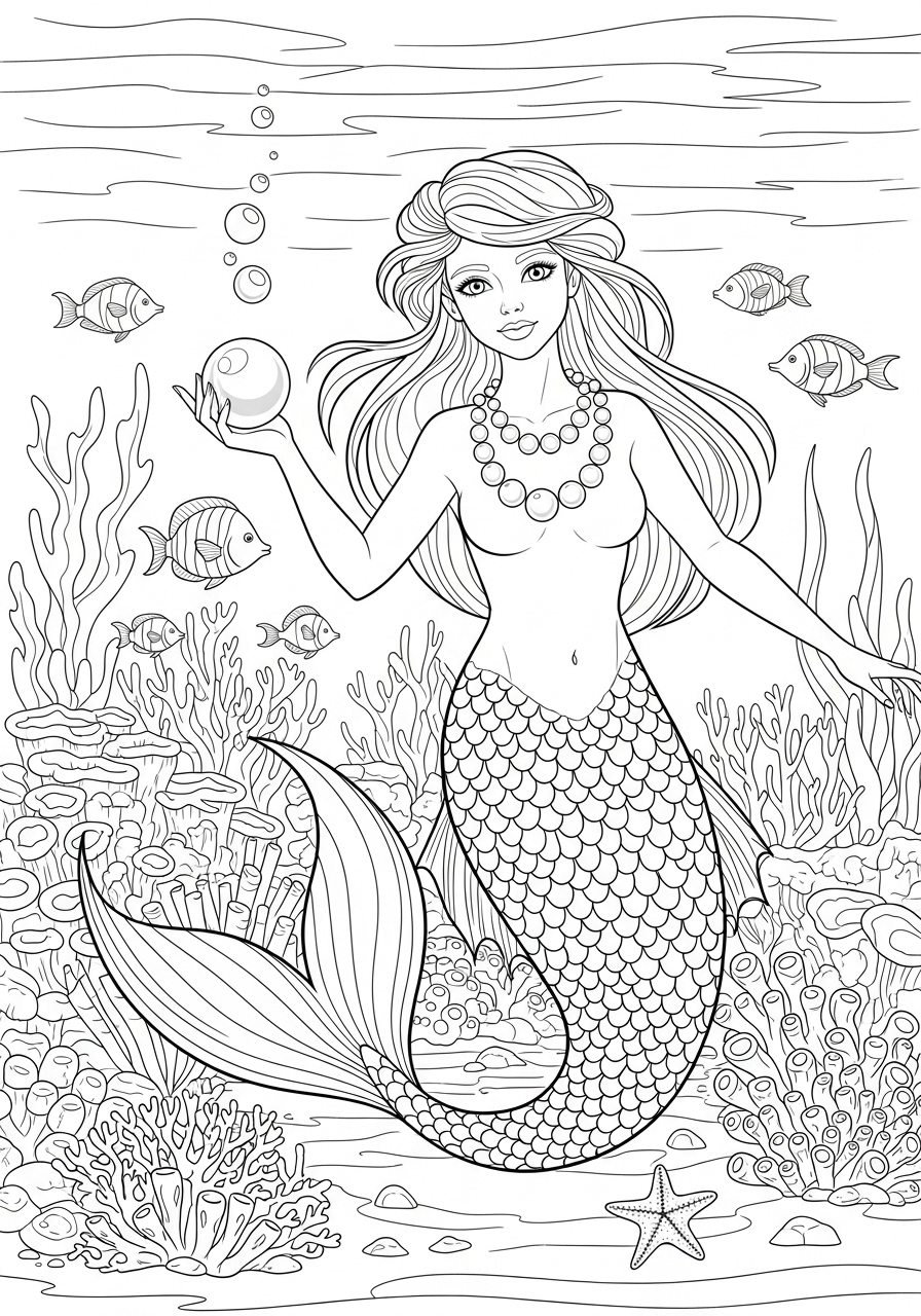 Desenho de Sereia com pérola e peixes para colorir