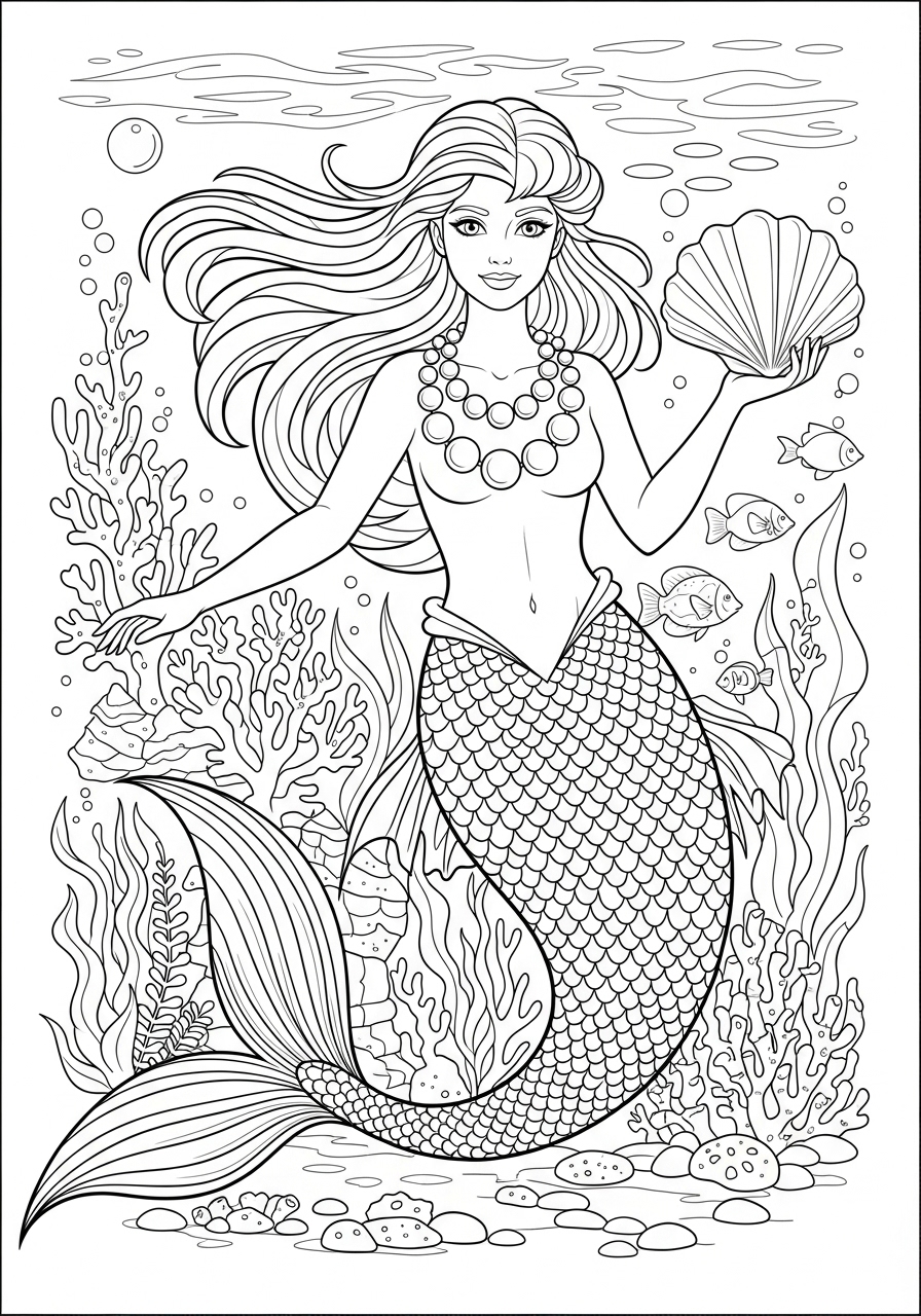 Desenho de Sereia segurando concha para colorir