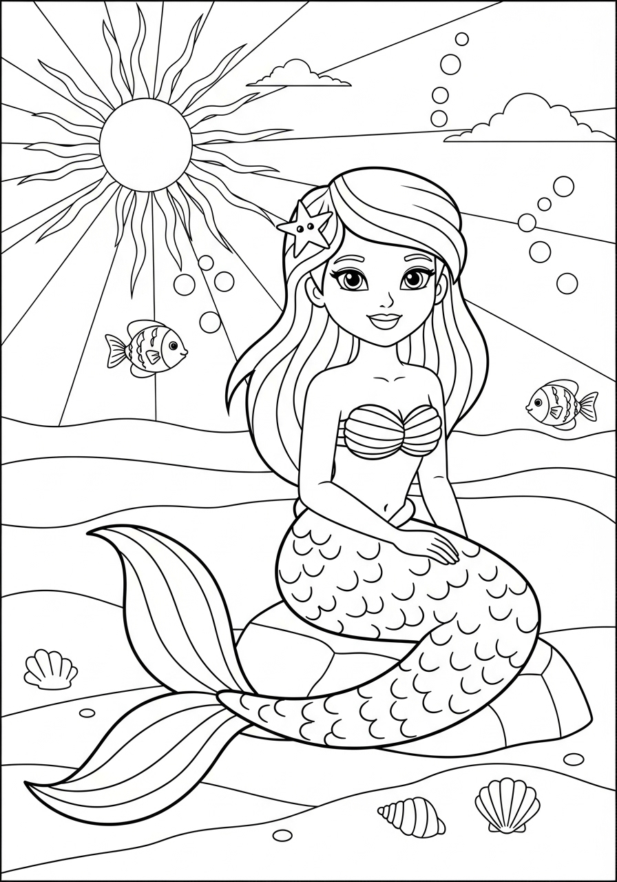 Desenho de Sereia sorrindo no oceano para colorir
