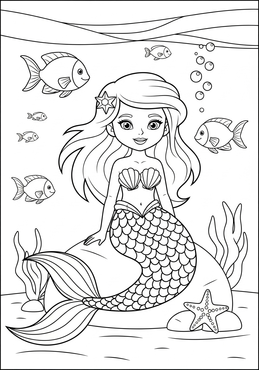 Desenho de Sereia fofa rodeada por peixes para colorir