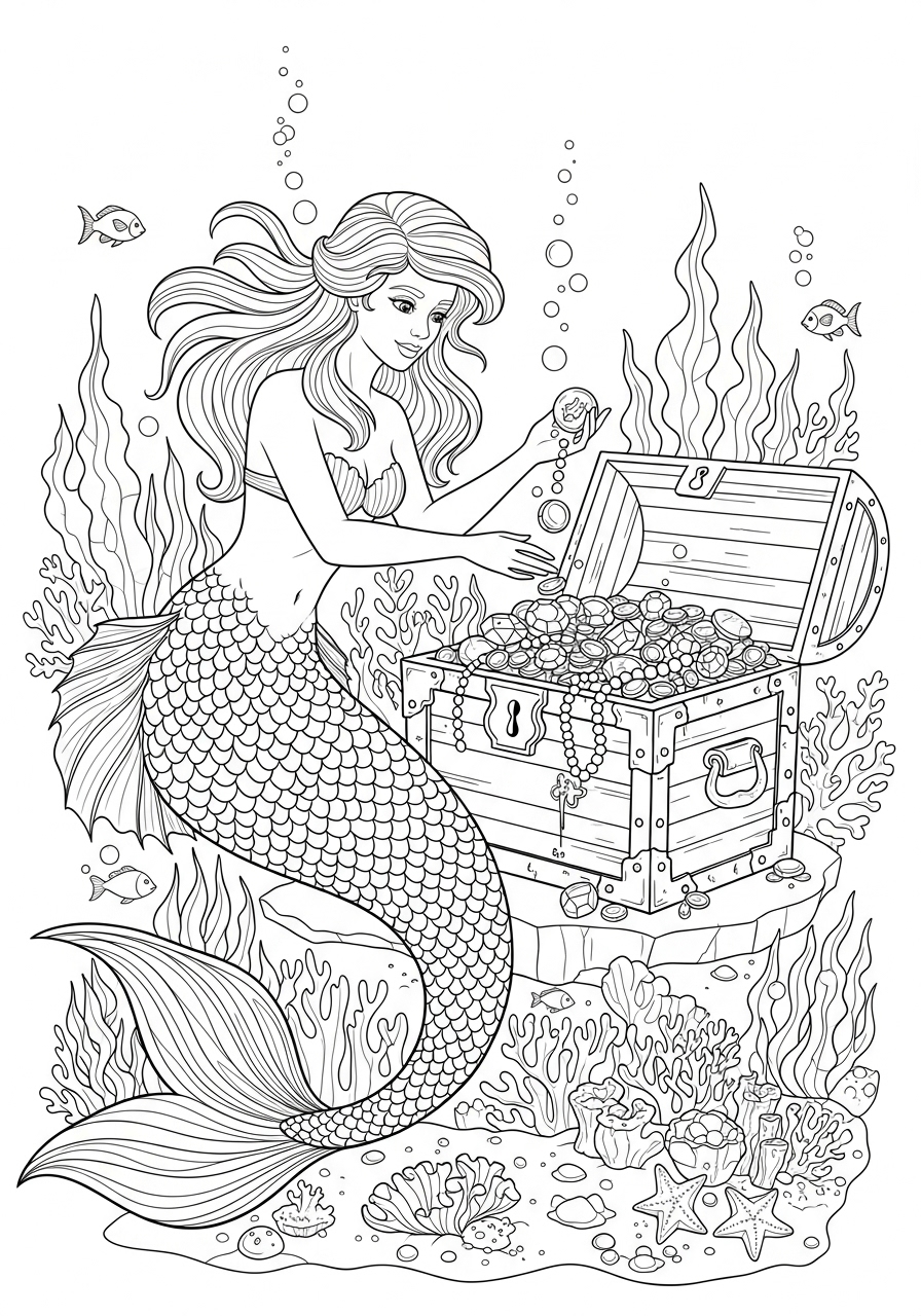 Desenho de Sereia com baú de tesouro para colorir