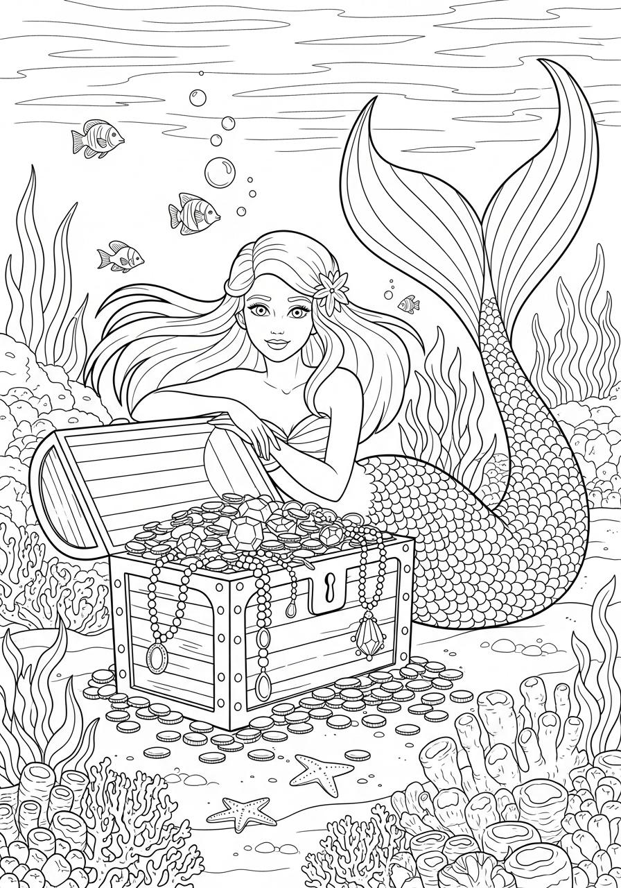 Desenho de Sereia com baú de tesouro para colorir