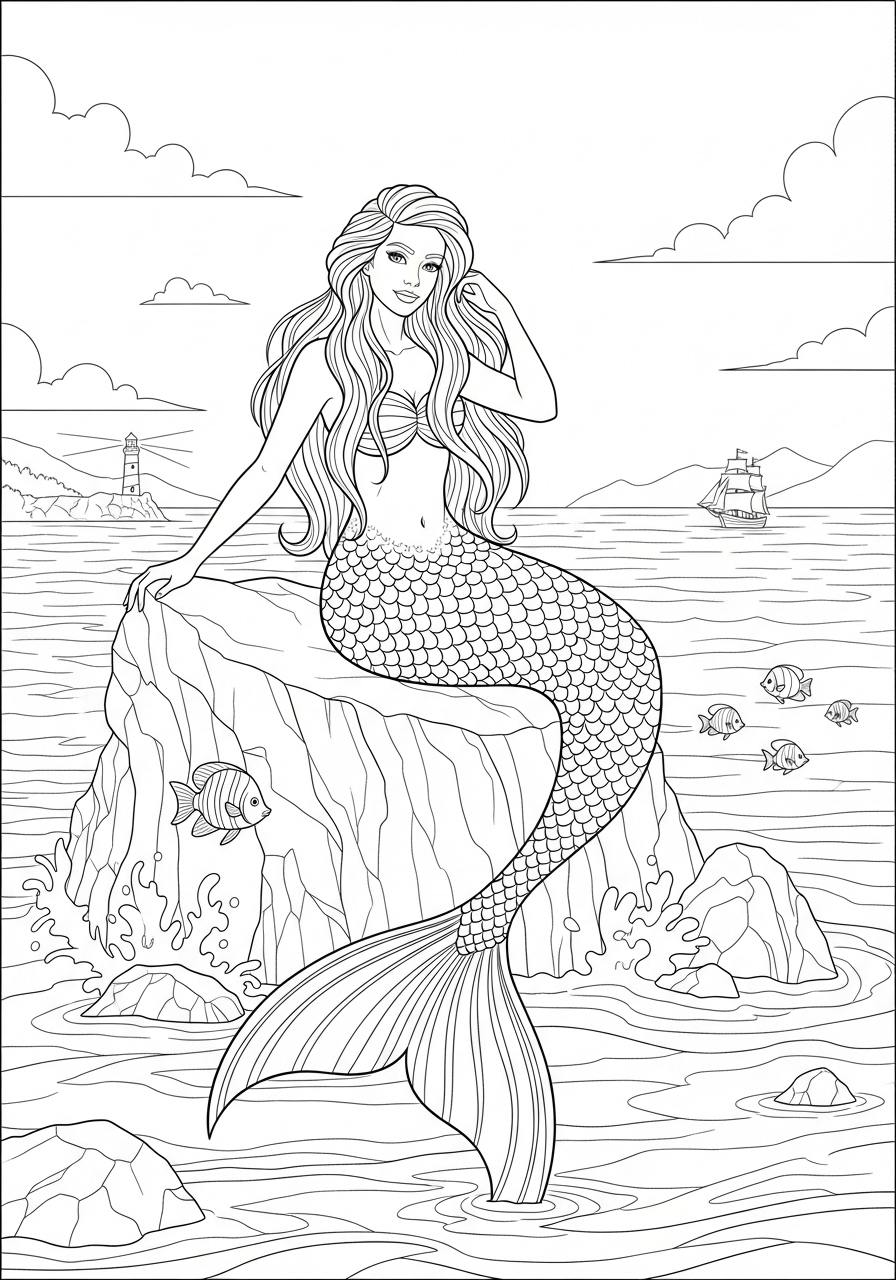 Desenho de Sereia realista em uma rocha para colorir