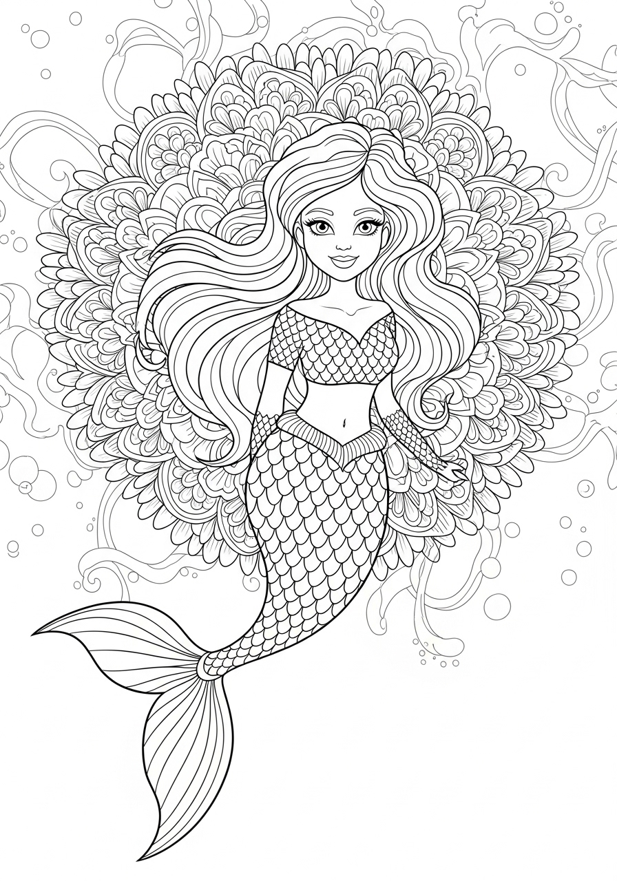 Desenho de Sereia com flores ao redor para colorir