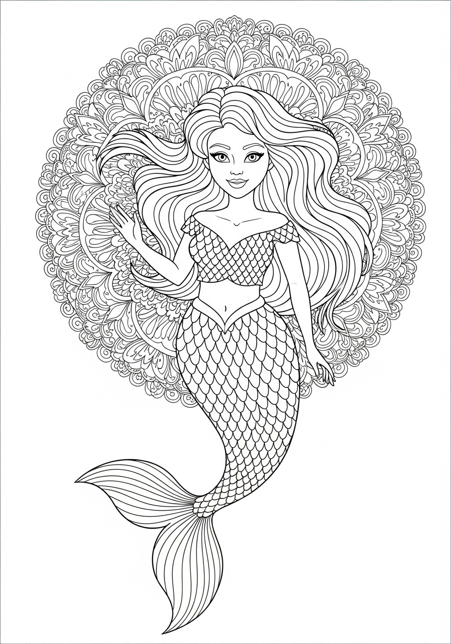 Desenho de Sereia com cabelos longos para colorir