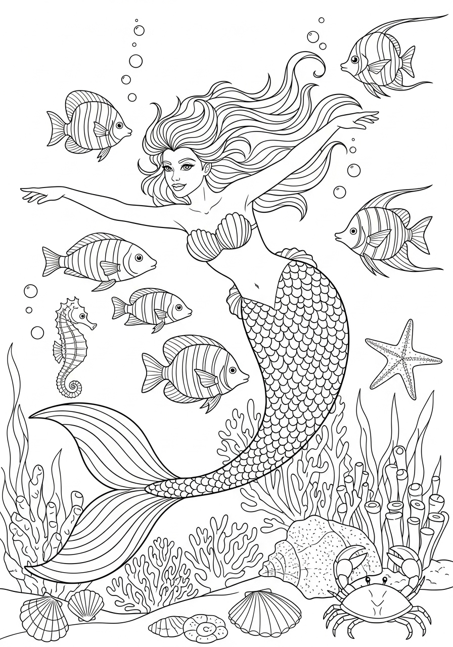 Desenho de Sereia com peixes para colorir