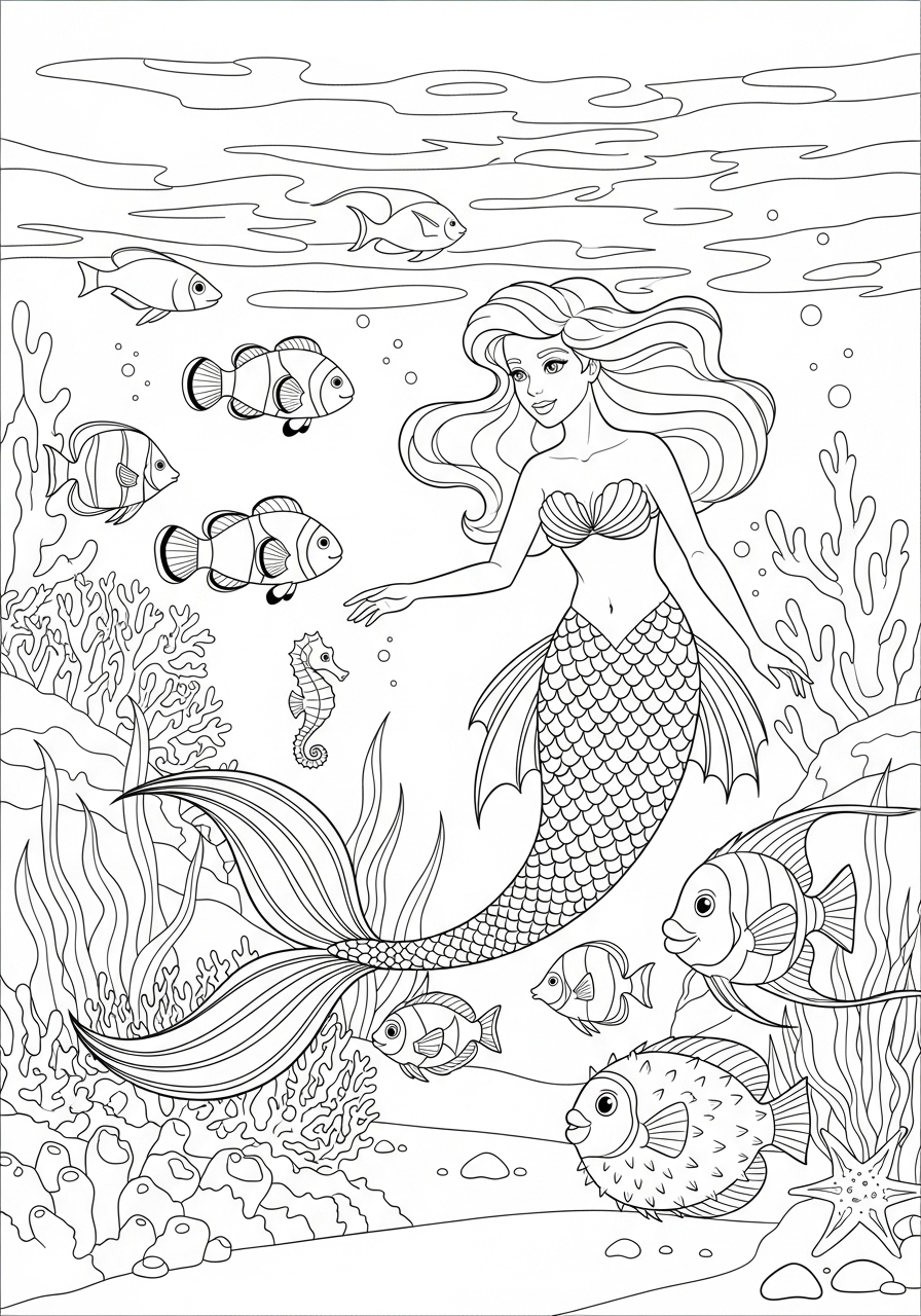 Desenho de Sereia com peixes fofos para colorir