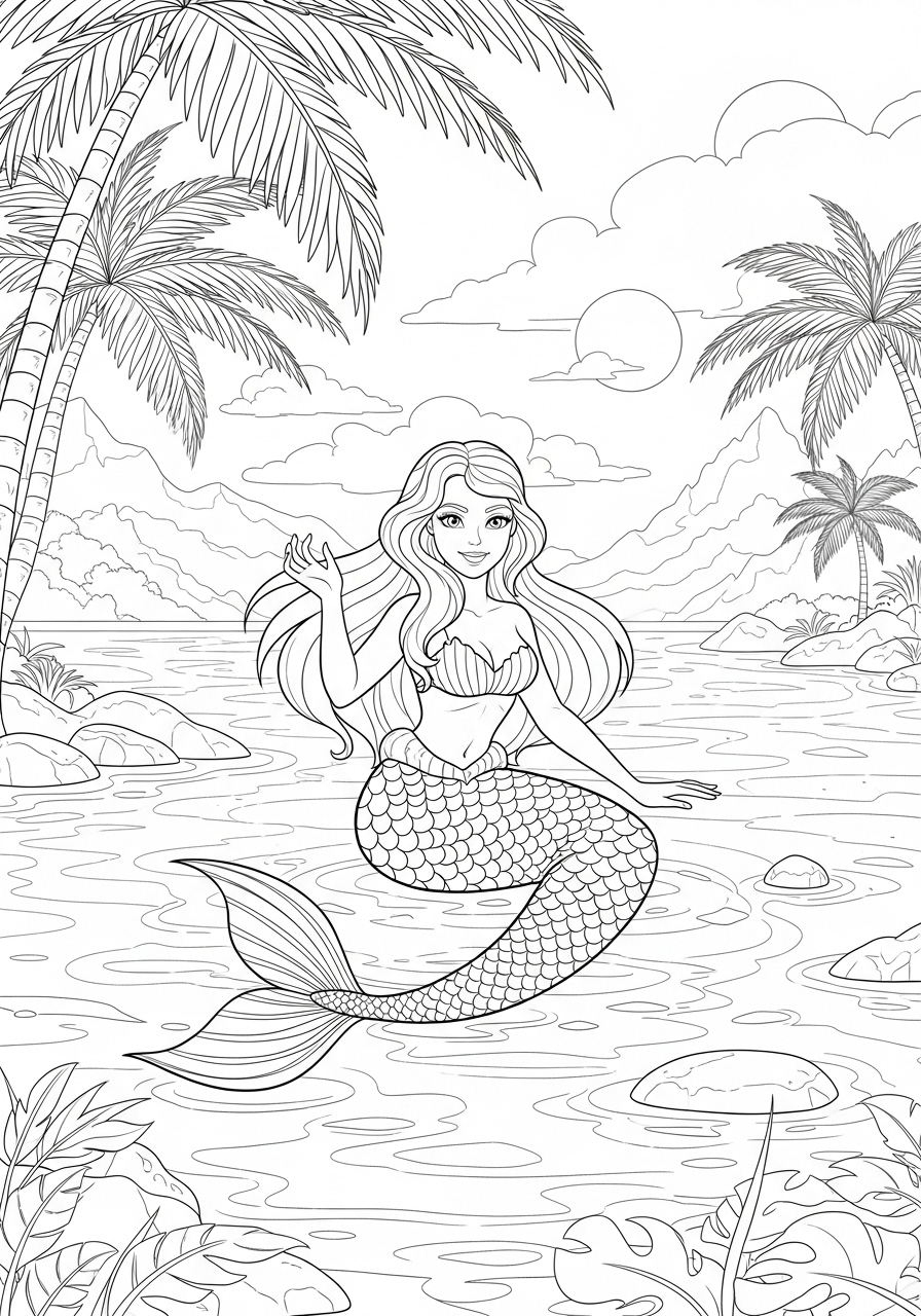 Desenho de Sereia em um lago tropical para colorir